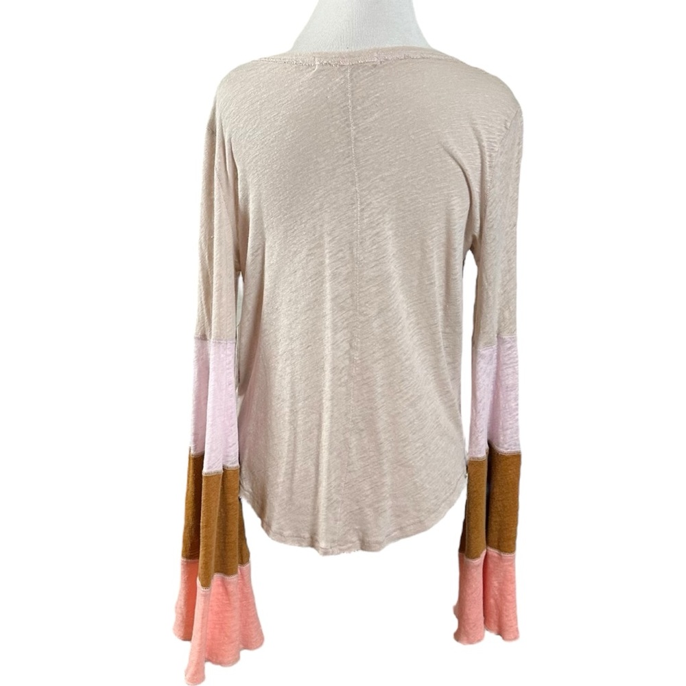 Free People Retro 70s Bohemian Bell Sleeve Neutral V Neck Top Small Linen NWT - Picture 7 of 15